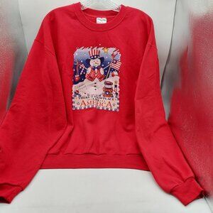 Jerzees Ugly Christmas Sweater Red Snowmen Flag Size Large Vintage